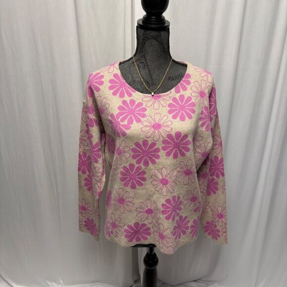 Rachel Zoe Sweaters - Rachel Zoe Sweater Womens Sz Large Pink Beige Floral Long Sleeve Retro Whimsical